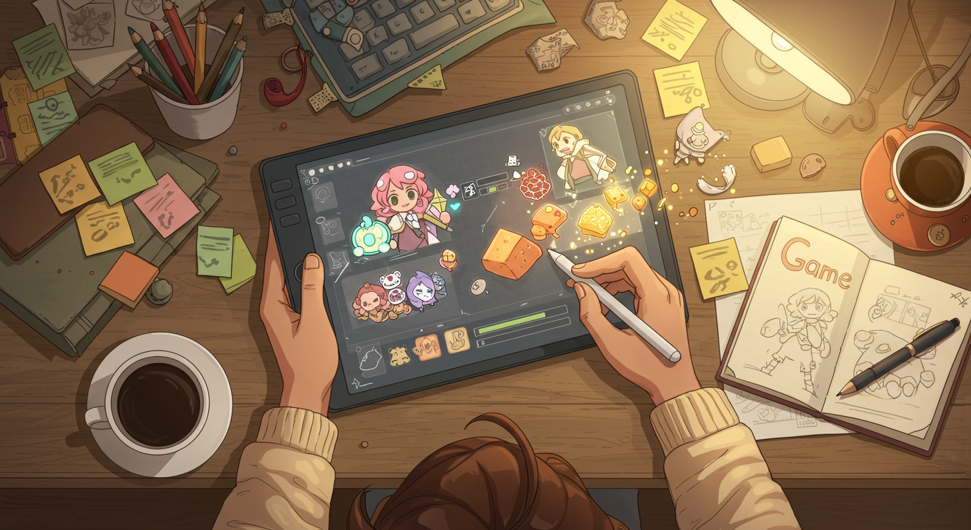 Creator workspace with tablet showing game characters